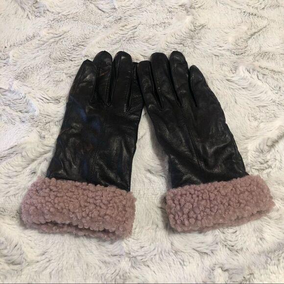 𝅺surell black leather and faux fur trim gloves size L - Picture 1 of 5